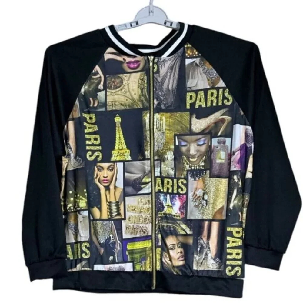 Blush Paris Bomber Jacket Magazine Varsity Zip Up Gold Black Women Large-XLarge - Picture 15 of 15